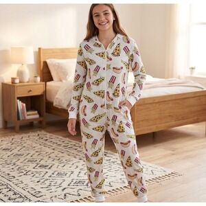H&M Pizza Hot Dog One Piece PJs Mens Small Food Print Hooded Pajamas Jumpsuit